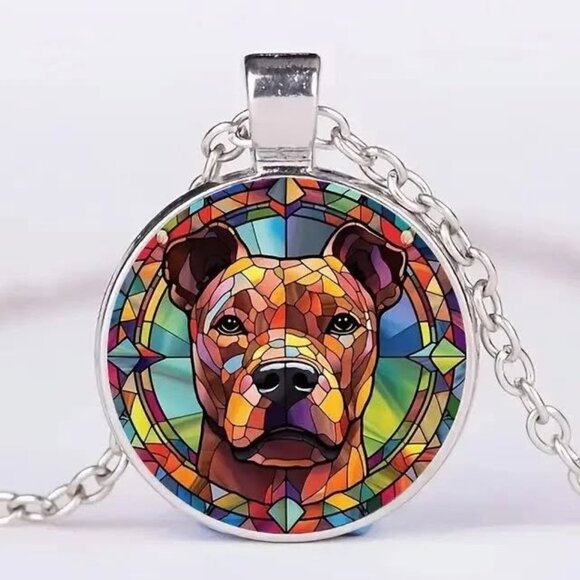 Silver PIT BULL DOG Glass Cabochon Pendant Necklace - Picture 1 of 3